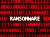 Ransomware text on random binary code red screen.