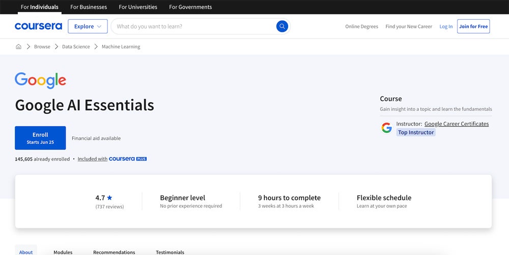 Google AI Essentials course screenshot.