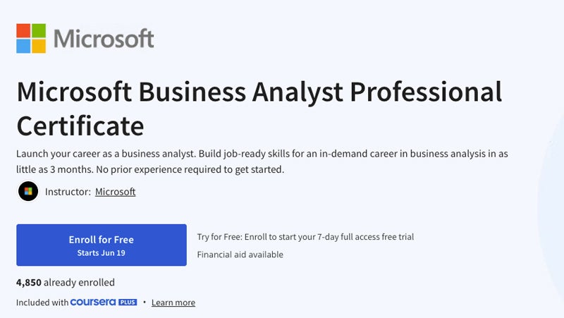 Microsoft Business Analyst Professional Certificate course screenshot.