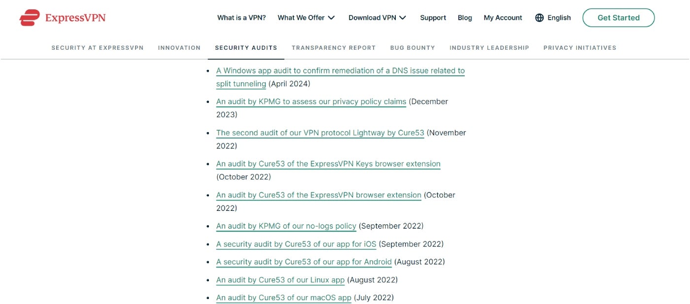 A screenshot of ExpressVPN’s portfolio of independent audits.