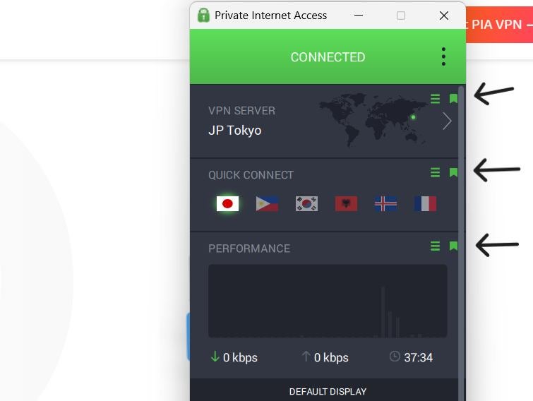 Bookmarks within the PIA VPN client.