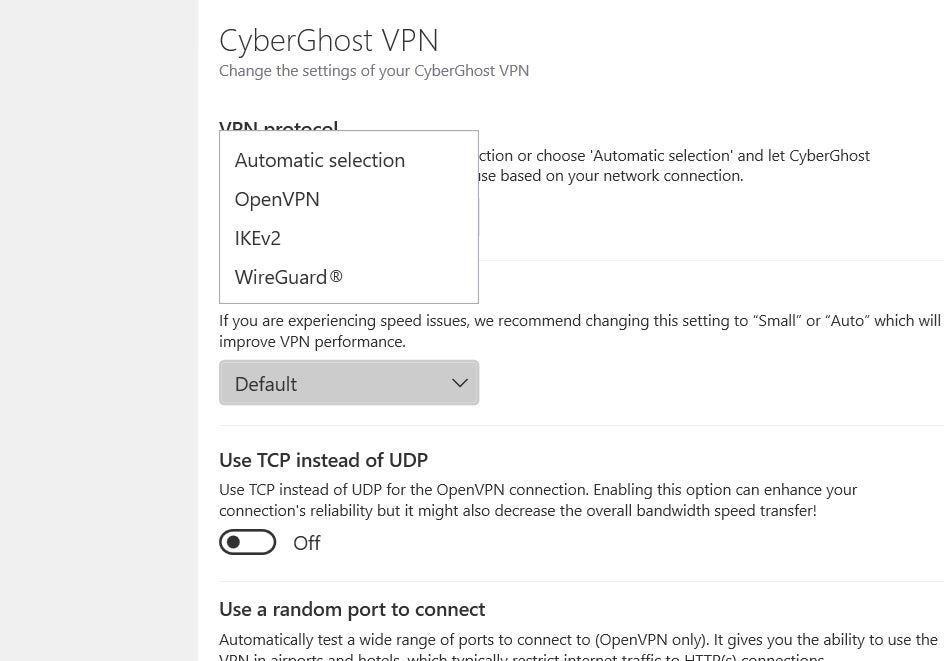 CyberGhost VPN’s VPN protocol menu.