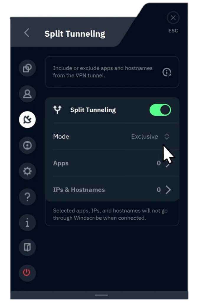 Windscribe’s split tunneling feature.