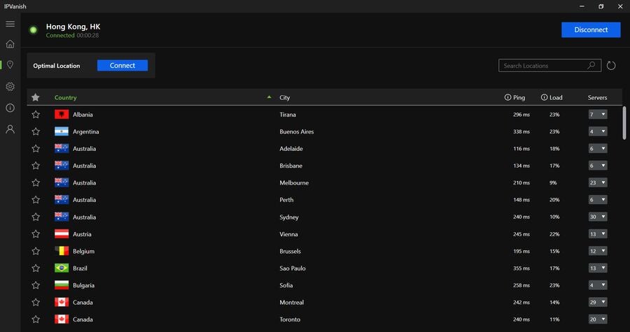 IPVanish’s server options within the app. 