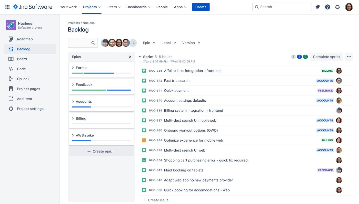 An example of a Scrum backlog template in Jira.