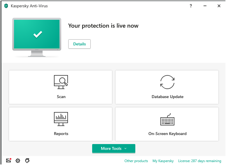 Kaspersky’s minimalist desktop interface.