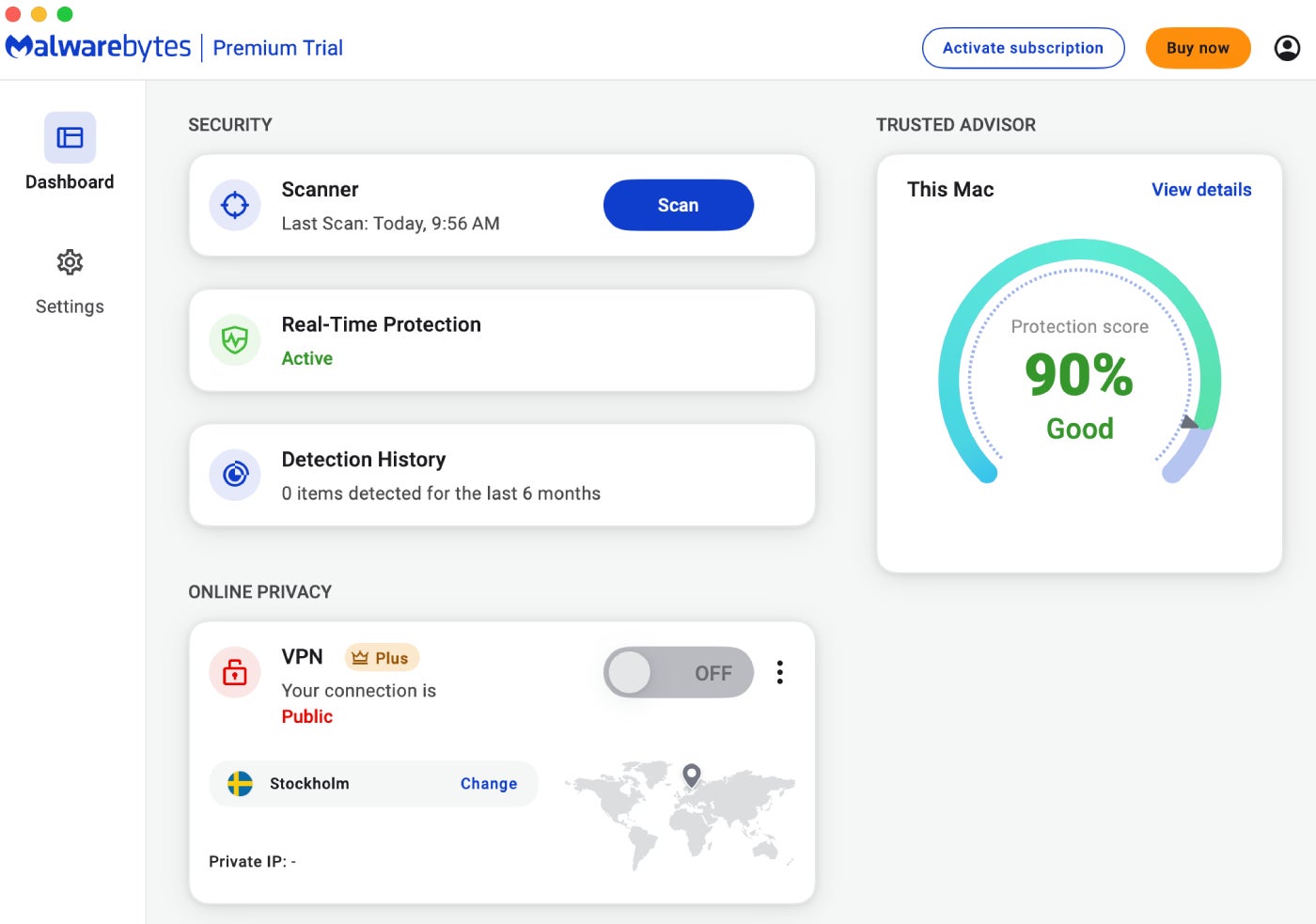 The Malwarebytes Mac desktop app with the Premium trial enabled.