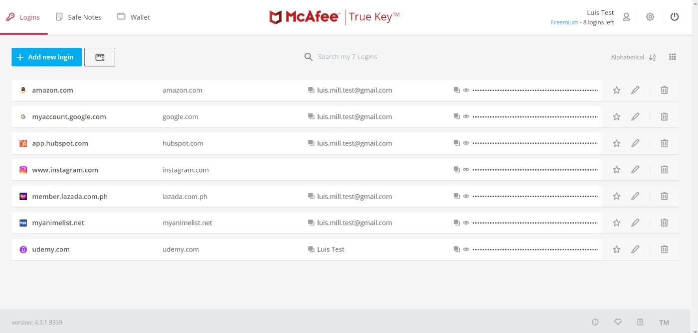 McAfee True Key main password dashboard.