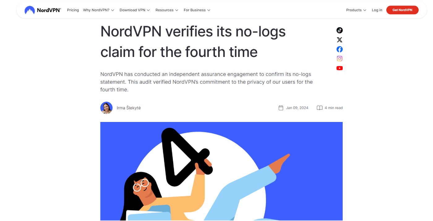 NordVPN’s press release on its 4th no-logs audit.