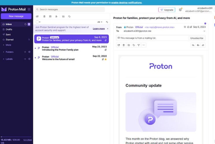 Interface of Proton Mail's email.