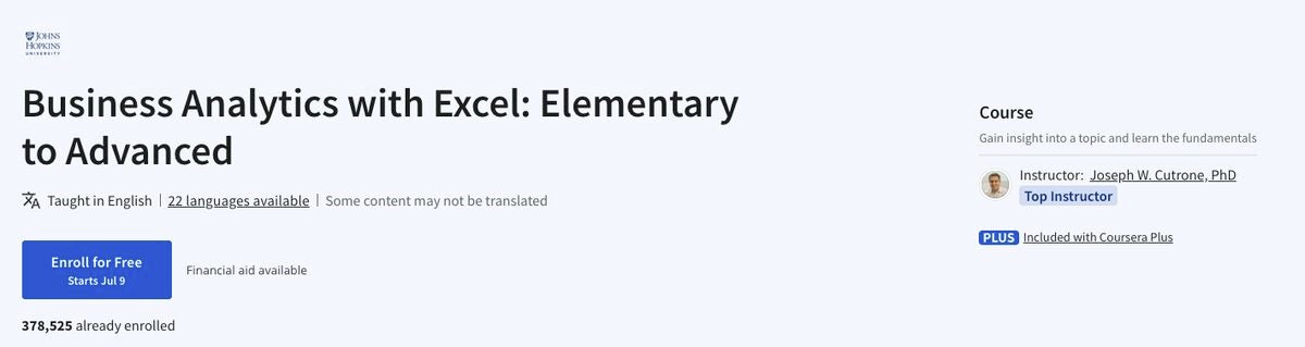 “Business Analytics with Excel” fue creado por académicos de la Universidad Johns Hopkins. Imagen: Coursera/Captura de pantalla de TechRepublic