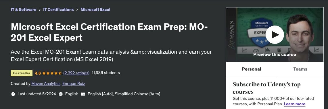 “MO-201 Excel Expert” es una de las certificaciones de Excel más reconocidas. Imagen: Udemy/Captura de pantalla de TechRepublic