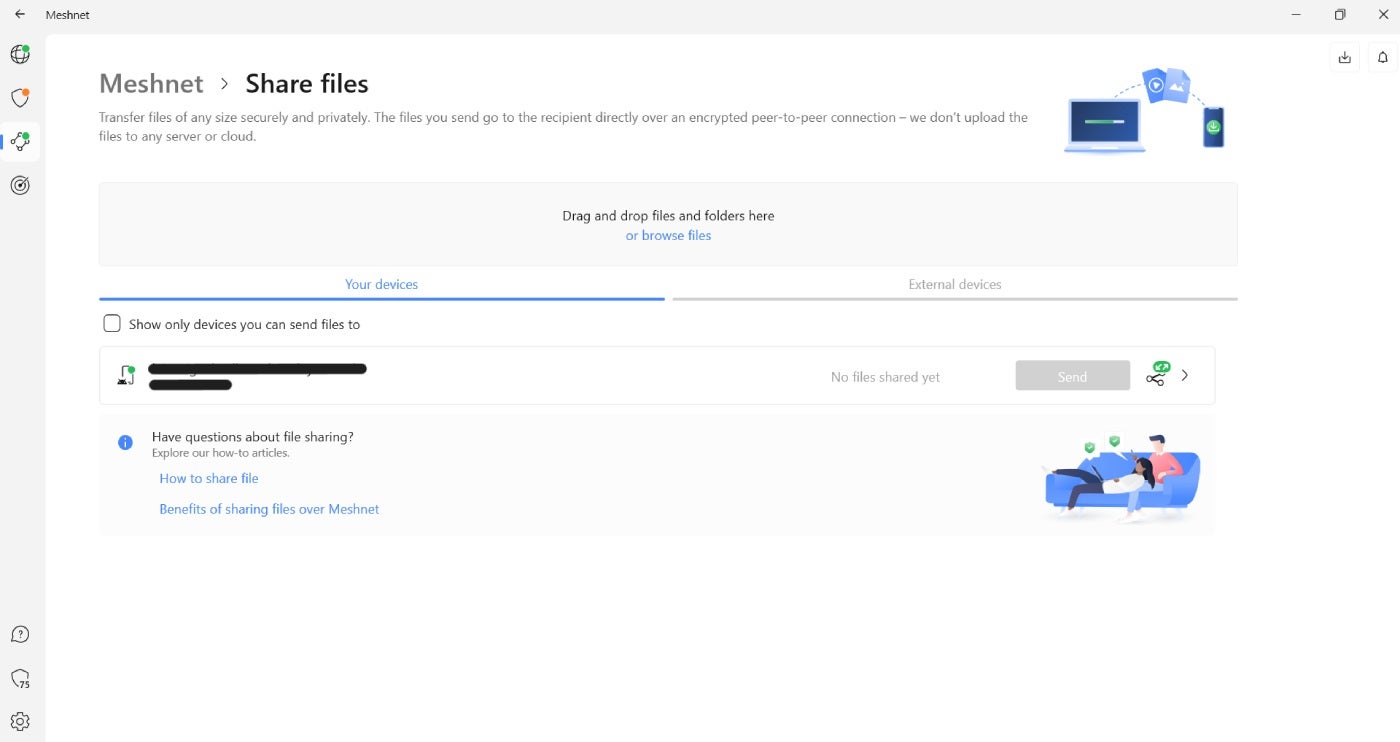 Sharing files via NordVPN’s Meshnet feature.