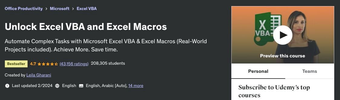 Las macros y VBA son herramientas para automatizar tareas en Excel. Imagen: Udemy/Captura de pantalla de TechRepublic