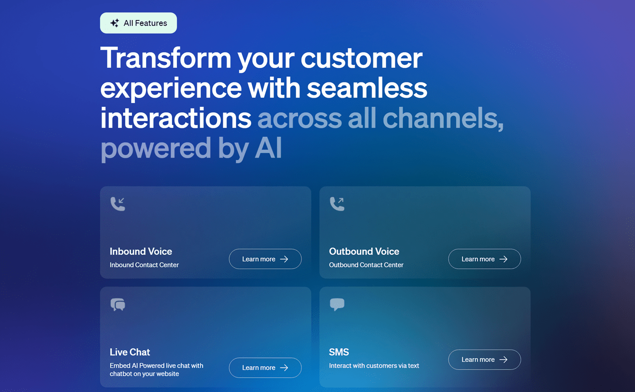 Overview of Nextiva's call center features, including inbound voice, outbound voice, live chat, SMS, and more. 