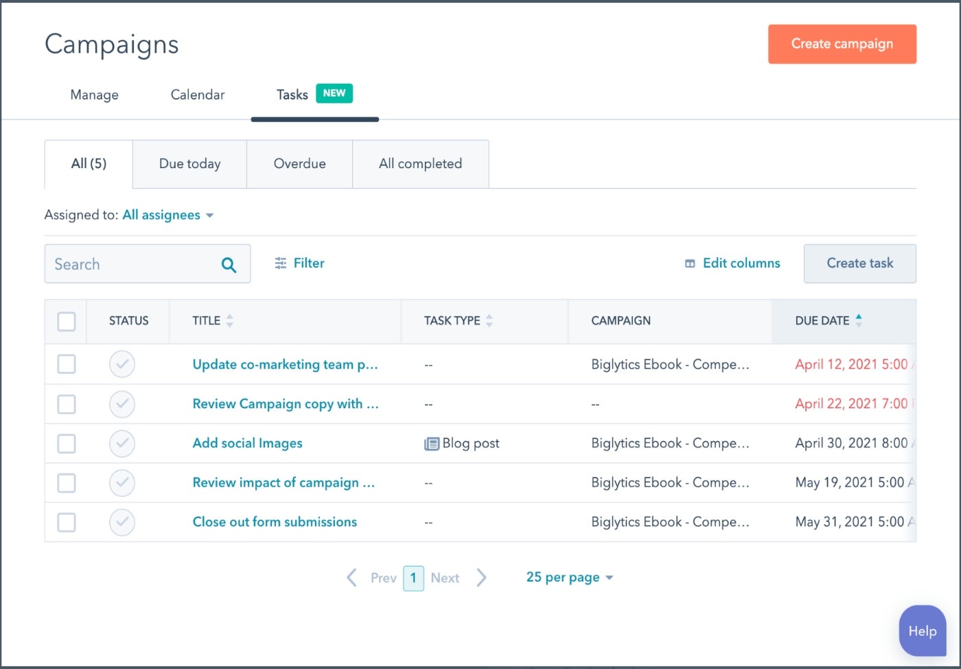 HubSpot campaign management feature.