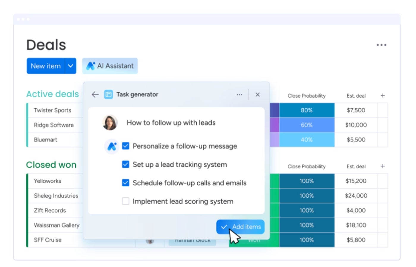 monday CRM task automation feature.