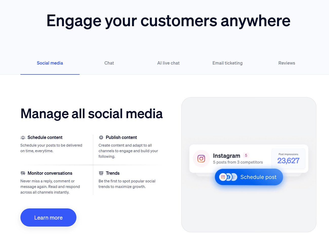 Nextiva's website showing how you can engage your customers from anywhere, including scheduling content, publishing content, monitoring conversations, and analyzing trends on social media. 