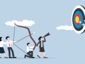 Vector illustration of a businessperson helping teammates to aim big arrow to target.