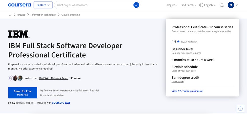 IBM Full Stack Software Developer Professional Certificate course screenshot.