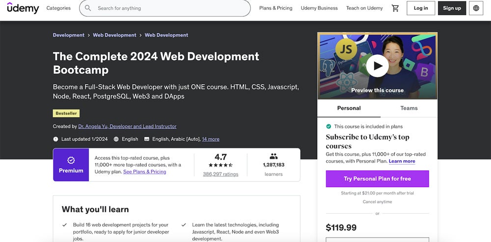 The Complete 2024 Web Development Bootcamp course screenshot.