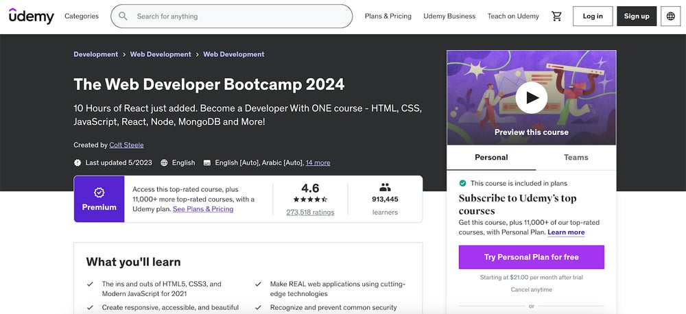 The Web Developer Bootcamp course screenshot.