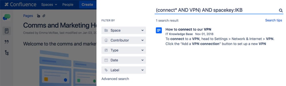 Confluence search interface screenshot.