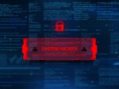 Background with a code on a blue background and a virus warning.