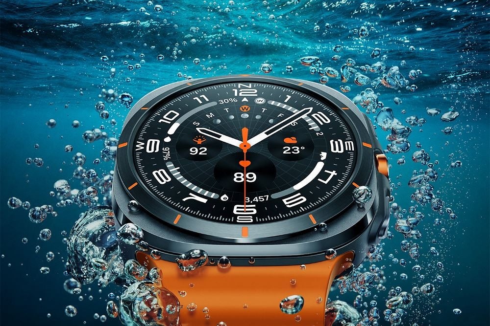 The Galaxy Watch Ultra submerged in water.