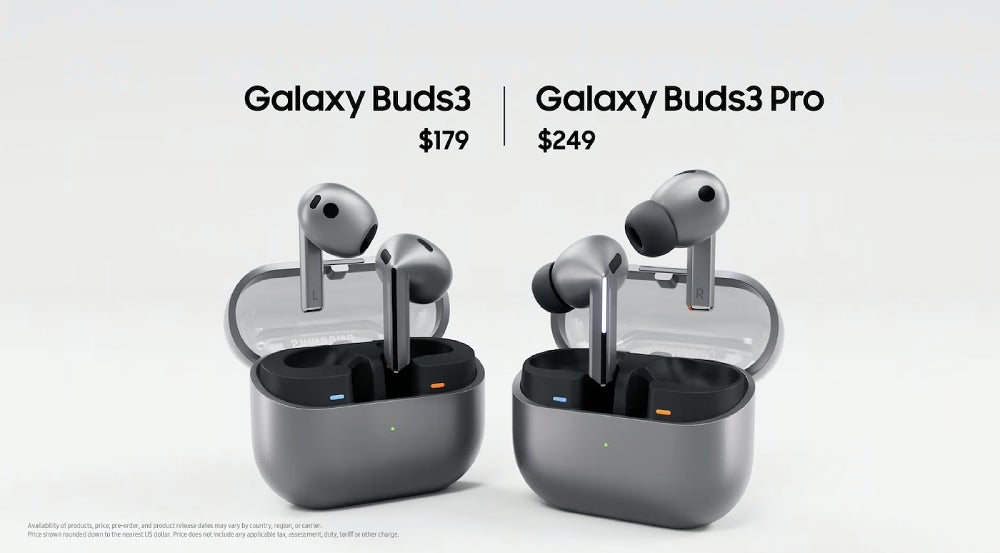 Samsung Galaxy Buds3 and Galaxy Buds Pro side-by-side with price listed.