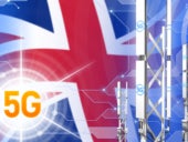 Huge cellular tower or mast on modern background with the UK flag.