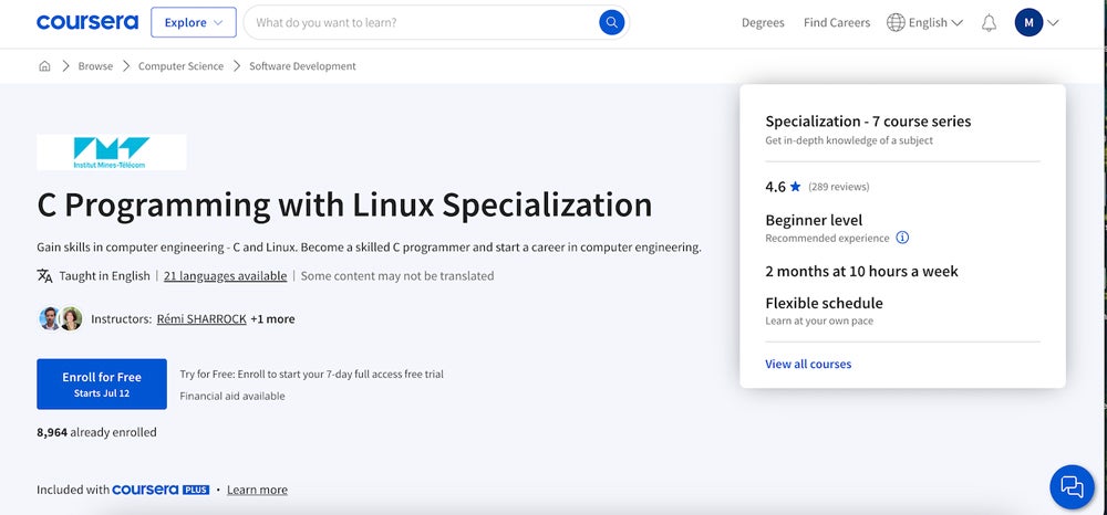 Screenshot of the C programming specialization course with Linux.