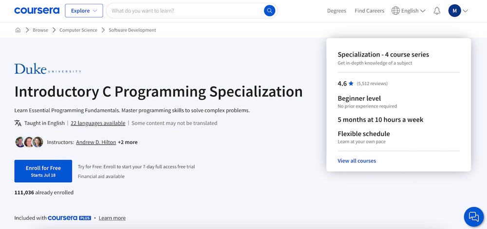 Screenshot of the introductory C programming specialization course.