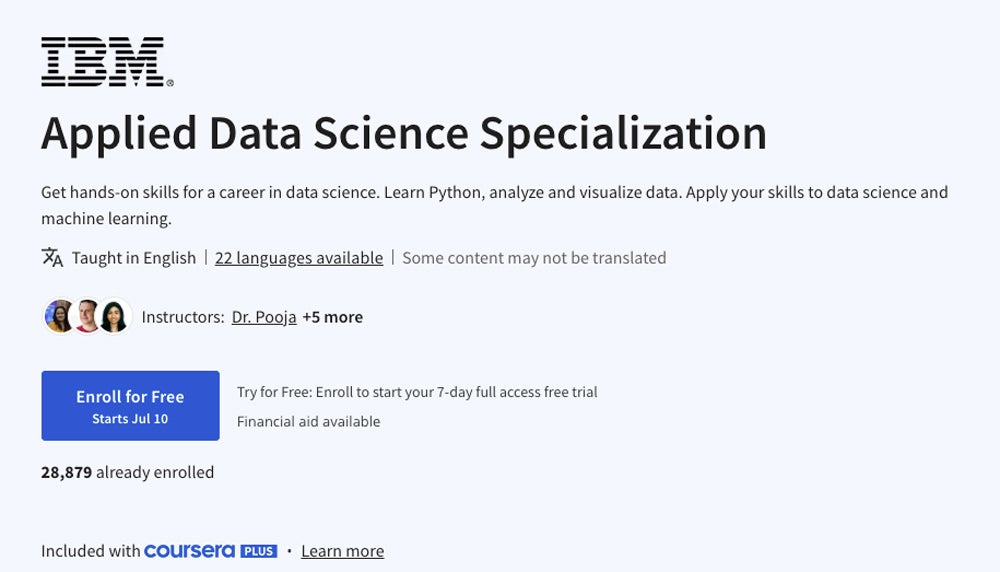 Applied Data Science Specialization course screenshot.