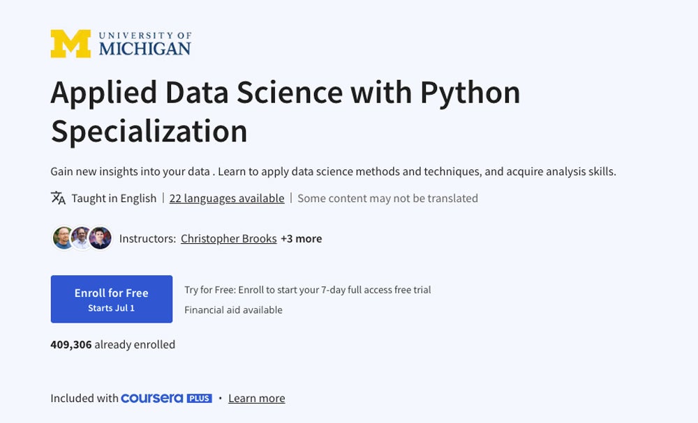 Applied Data Science with Python Specialization course screnshot.