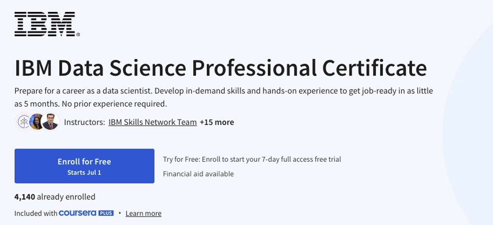 IBM Data Science Professional Certificate course screenshot.