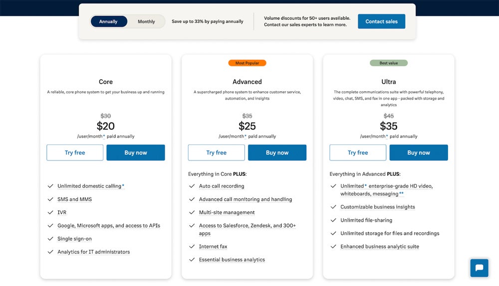 RingCentral pricing screenshot.