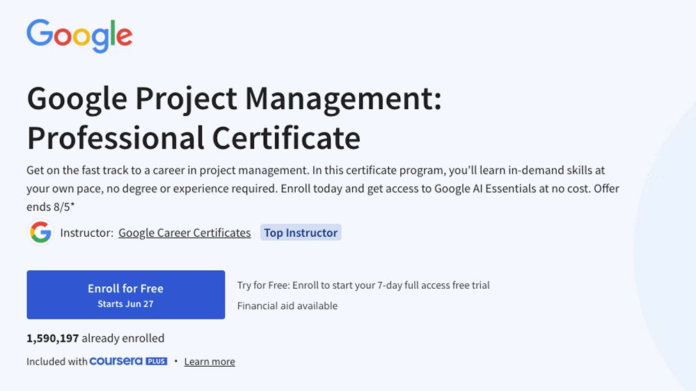 Google Project Management course screenshot.