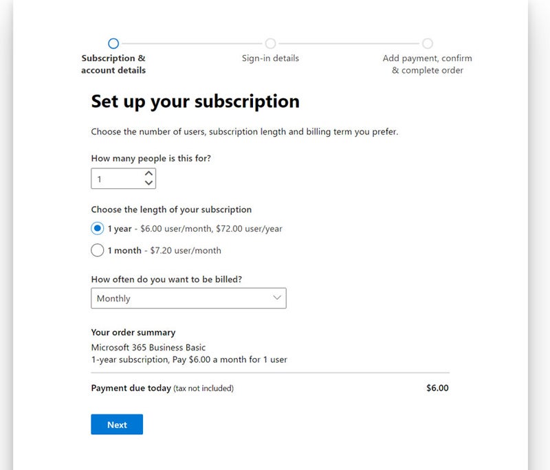 Microsoft 365 subscription setup page.