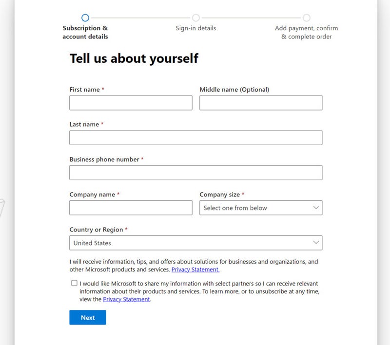 Personal information form.