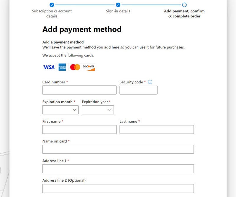 Payment setup interface.