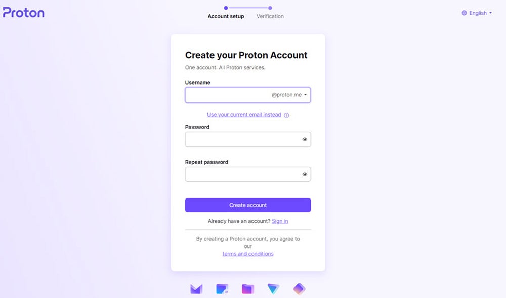 Username and password setup for Proton Mail.