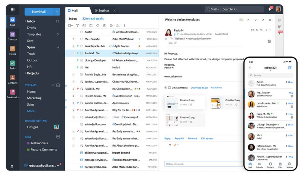 Zoho Mail app interface on desktop and mobile.