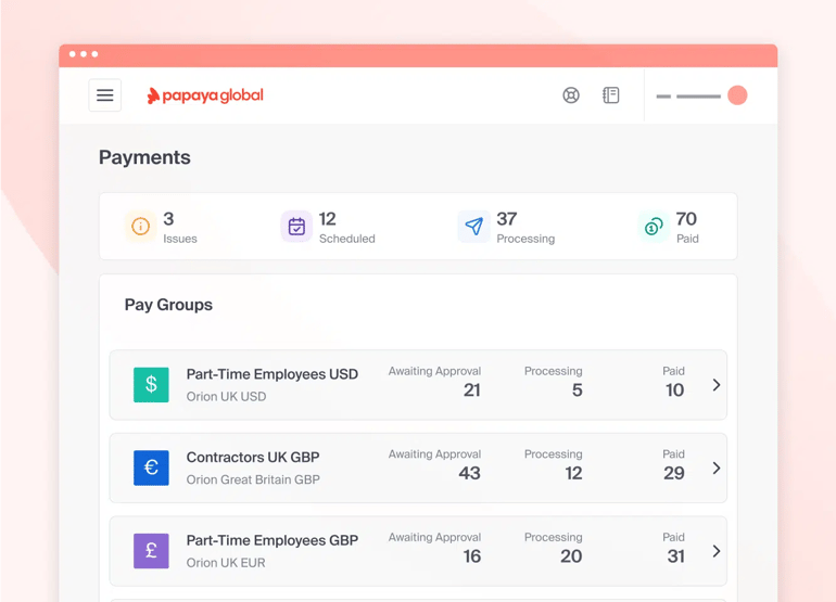 Papaya Global payments dashboard.