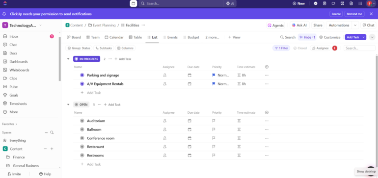 ClickUp task list view for event planning showing grouped tasks with statuses, priorities, due dates, and time estimates.