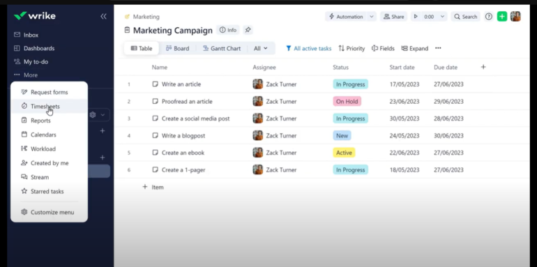 Wrike dashboard showing a marketing campaign task list with assignees, statuses, and due dates. A sidebar highlights access to timesheets and workload management tools.