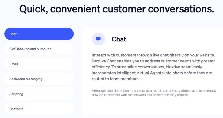 Quick, convenient customer conversations via chat, SMS inbound and outbound, email, social and messaging, scripting, and chatbots. 