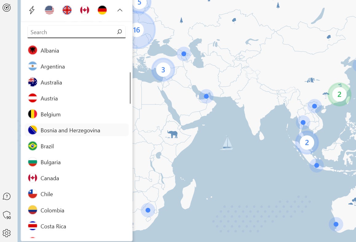 NordVPN server list.