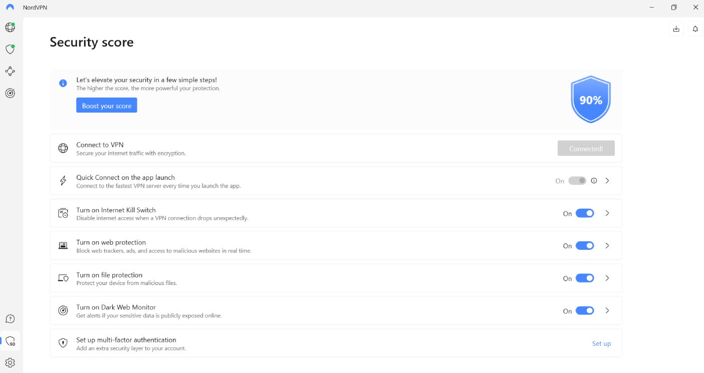 Security score menu in NordVPN.