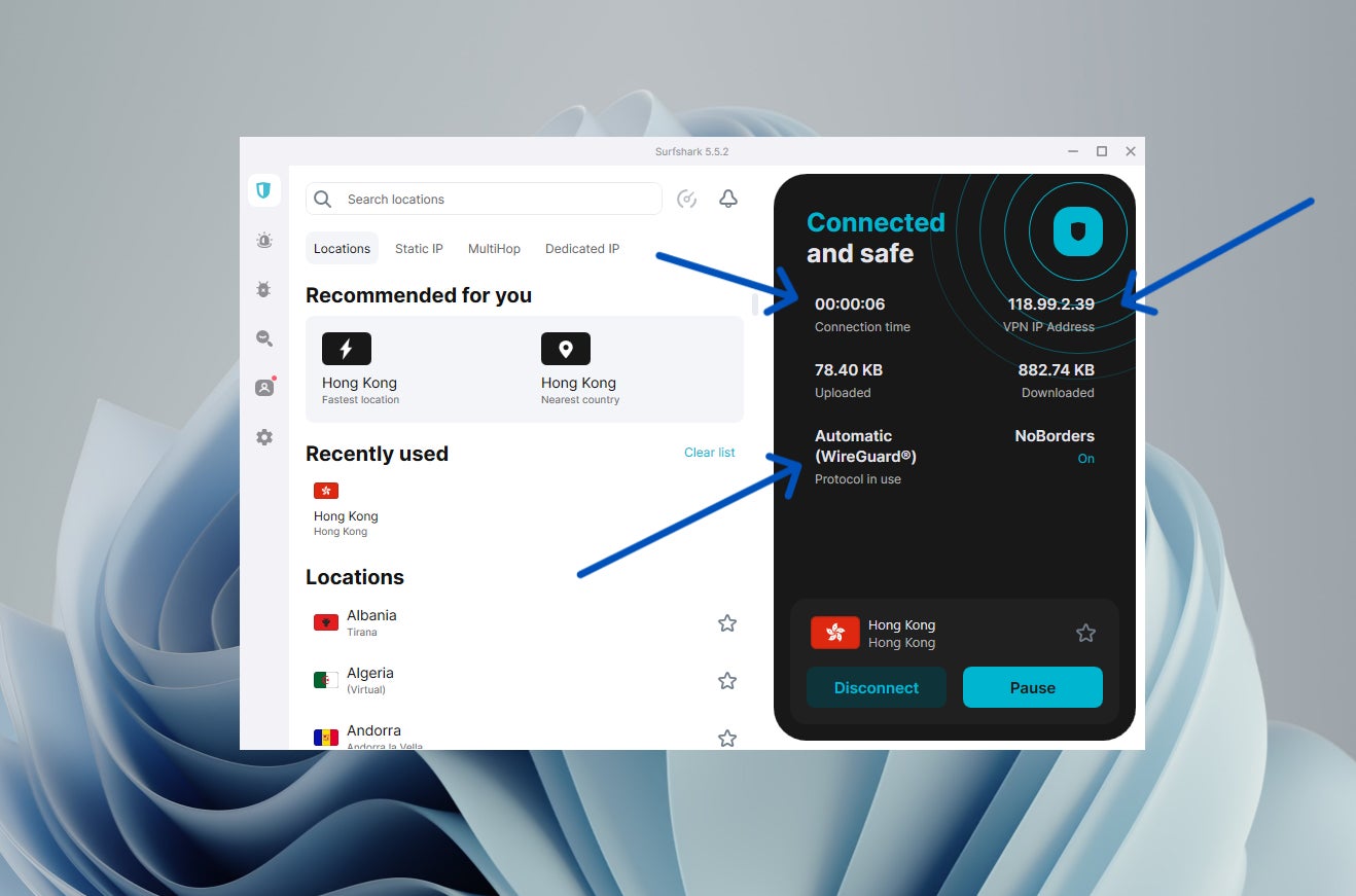 Surfshark’s desktop interface and server dashboard.